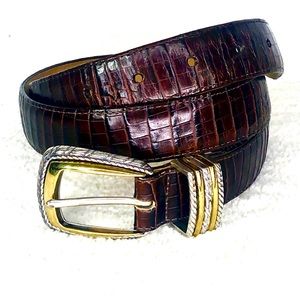 Brighton Womans 34" Brown Croc Leather Belt 2 Tone Silver/Gold Buckle